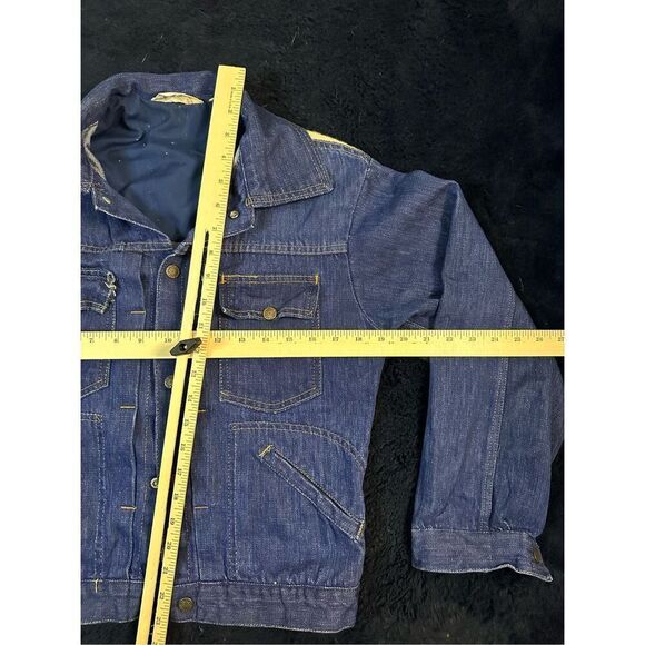 Vintage 1960s Slantzi Craft Selvedge Blue Jean Denim Needlepoint Jacket Womens L - Picture 11 of 13